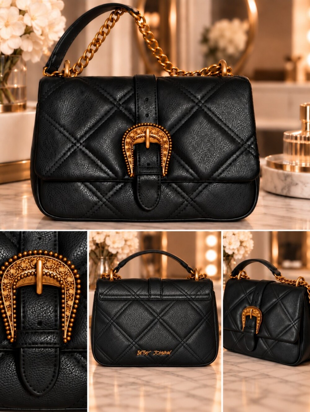 Betsey Johnson XOCLAIR Black Quilted Multi Wear Bag NWT Gold Western Buckle